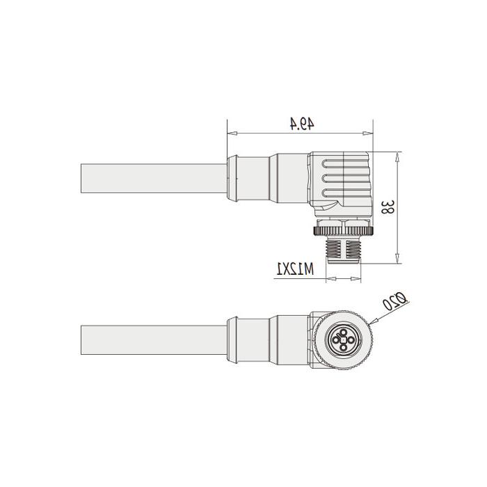 M12 4Pin T-coded、公头90°、单端预铸PUR柔性电缆、黑色护套、64TP65-XXX